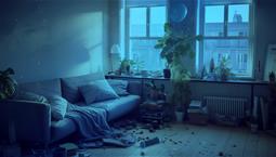 Stökigt vardagsrum med gastub på golvet i dystert blått ljus
