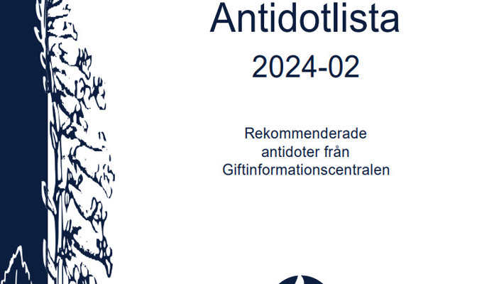 framsida av häftet Antidotlista med en växt teckat i blått och texten Antidotlista 2024-02